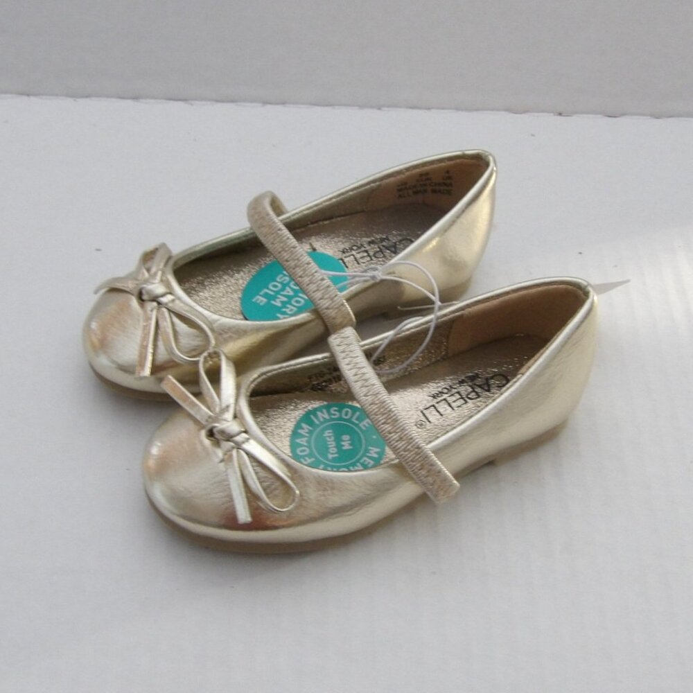 Toddler Girls Capelli Goldtone Mary Jane Style Dress Shoes w/bows, Size 5